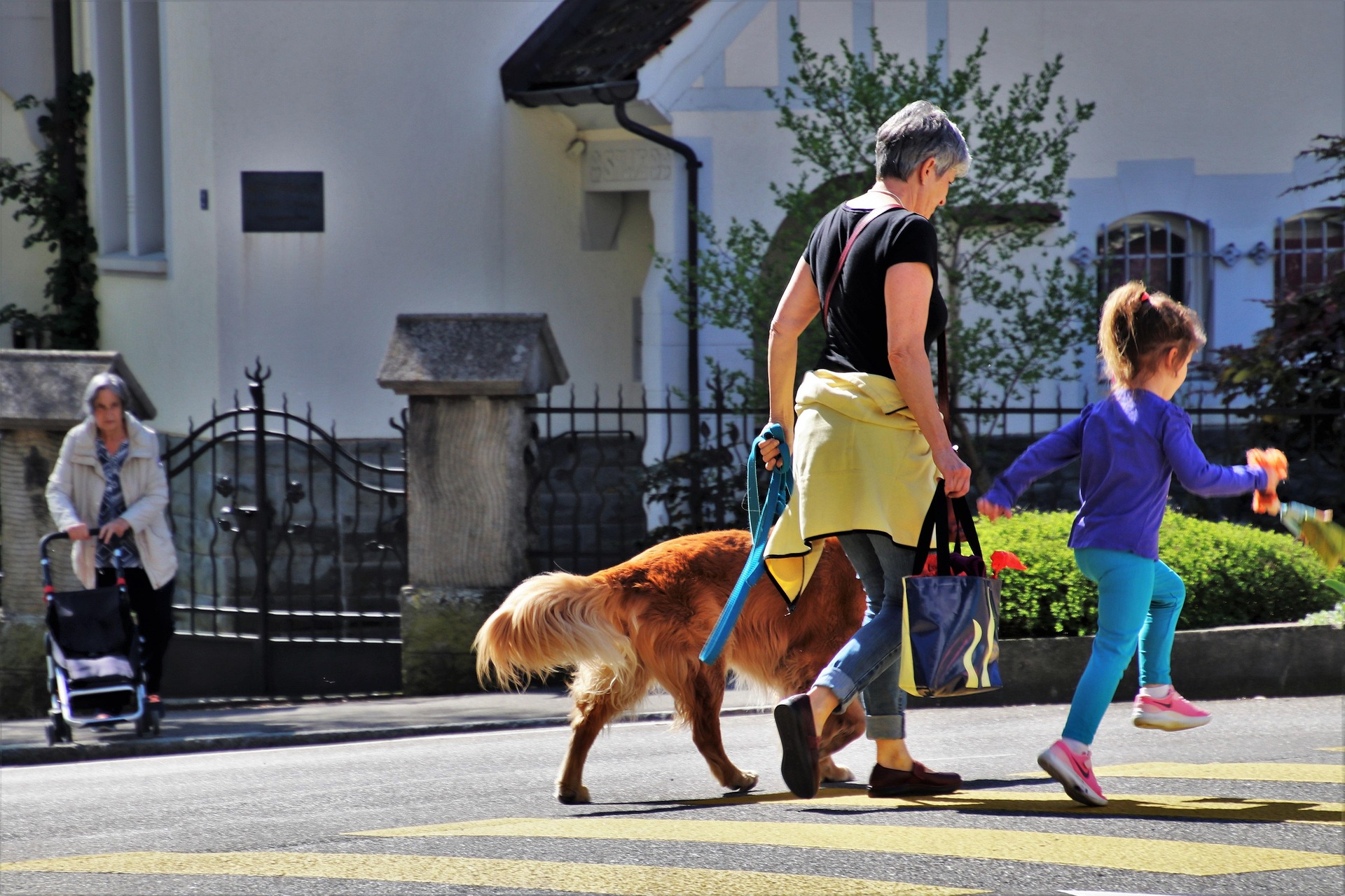 A woman a  girl walking a dog