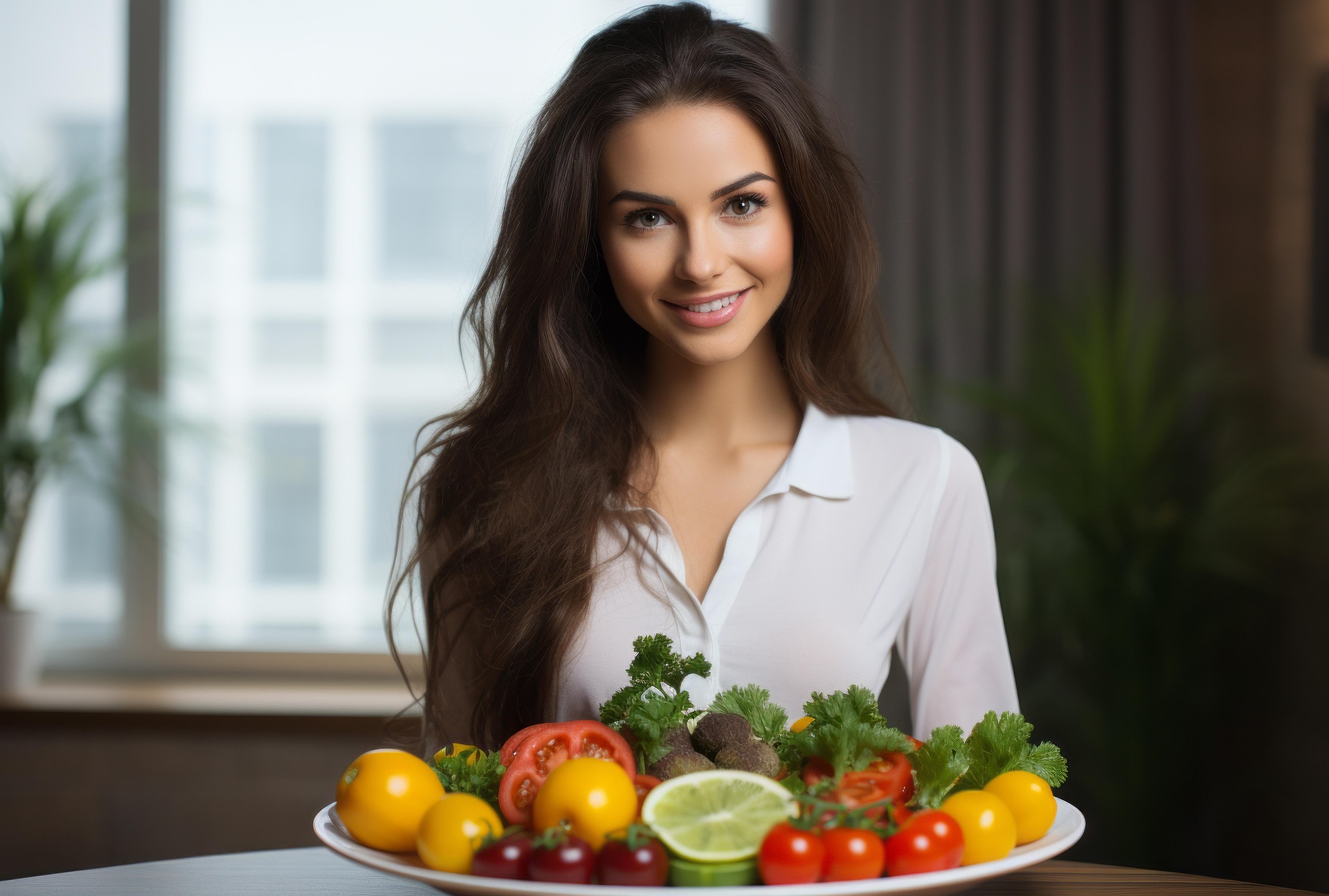 A tray of veggies and fruit on a table with a Woman sitting in front of it